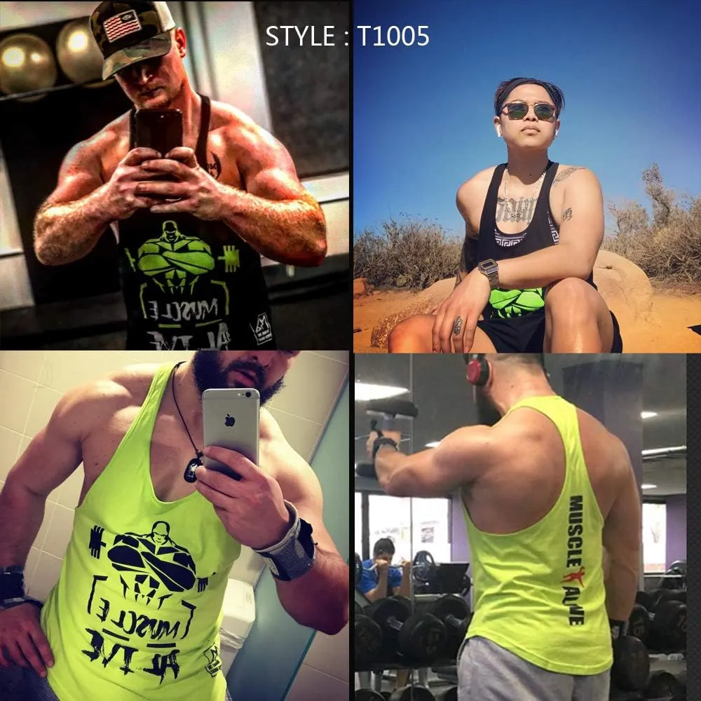 Muscle Alive Mens Bodybuilding Stringer Tank Tops Cotton Racerback Arch Hem