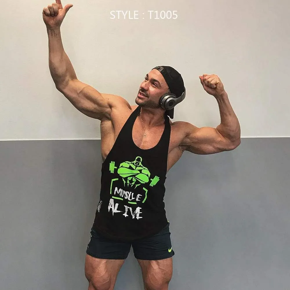 Muscle Alive Mens Bodybuilding Stringer Tank Tops Cotton Racerback Arch Hem