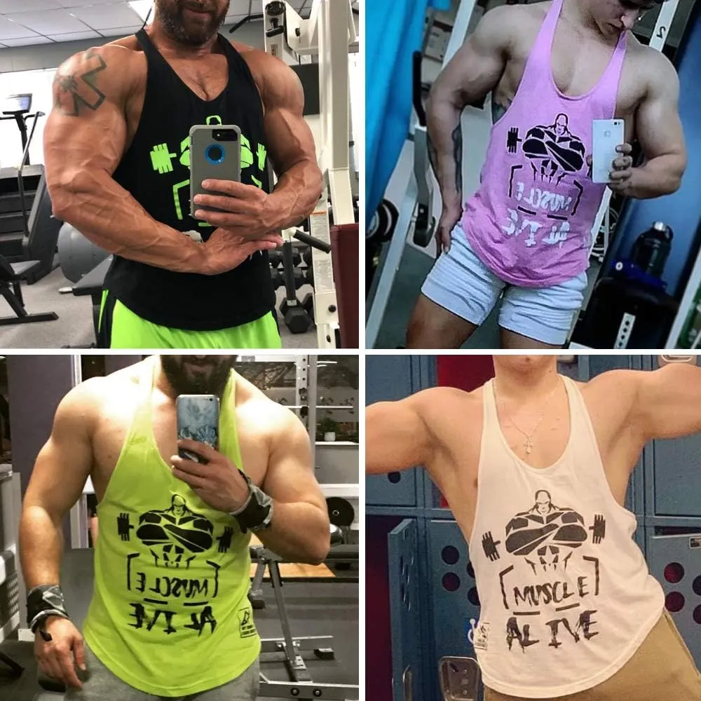 Muscle Alive Mens Bodybuilding Stringer Tank Tops Cotton Racerback Arch Hem