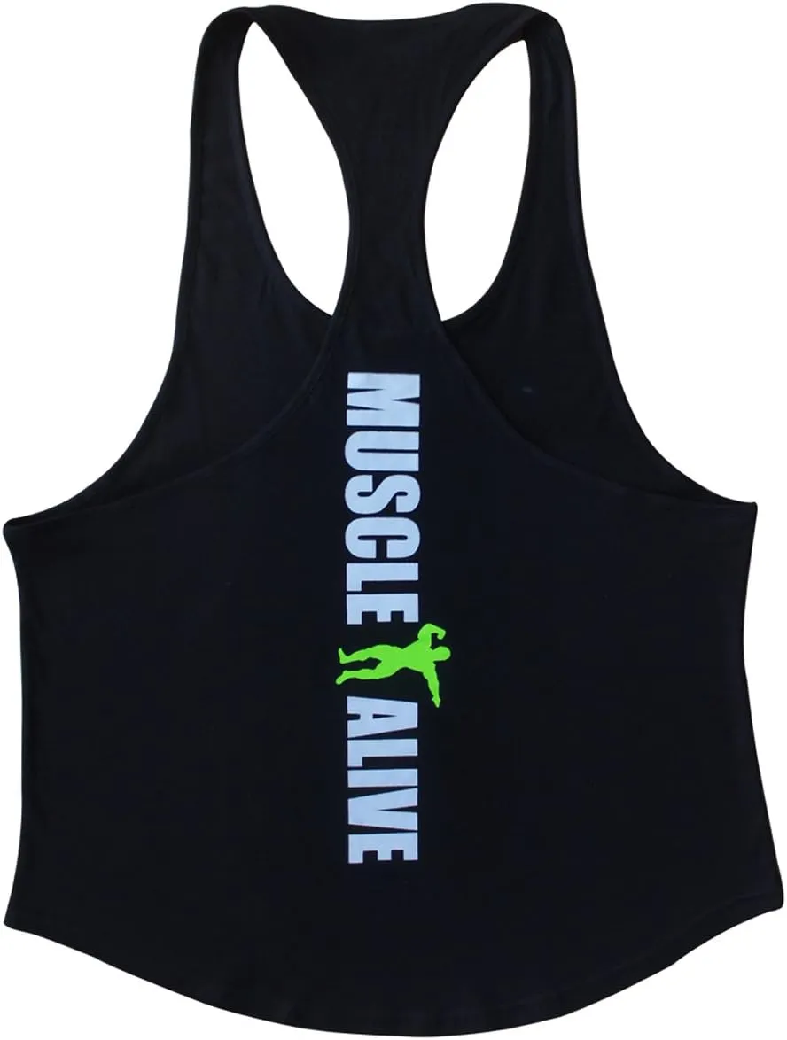 Muscle Alive Mens Bodybuilding Stringer Tank Tops Cotton Racerback Arch Hem