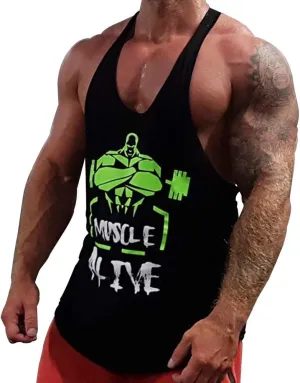 Muscle Alive Mens Bodybuilding Stringer Tank Tops Cotton Racerback Arch Hem