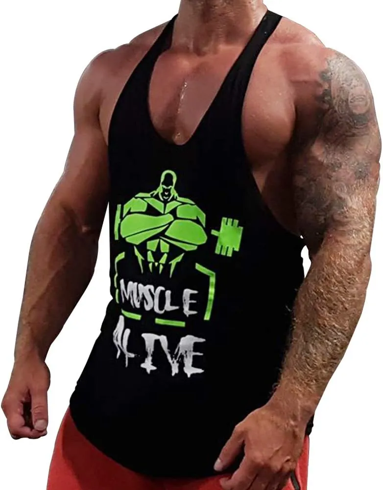 Muscle Alive Mens Bodybuilding Stringer Tank Tops Cotton Racerback Arch Hem