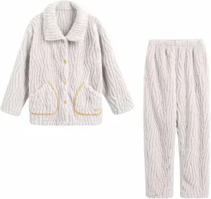 Mzkdieey Women Coral Fleece Pajamas Set Oversized Thicken Loungewear Long Sleeve Lapel Button Down Warm Winter Sleepwear