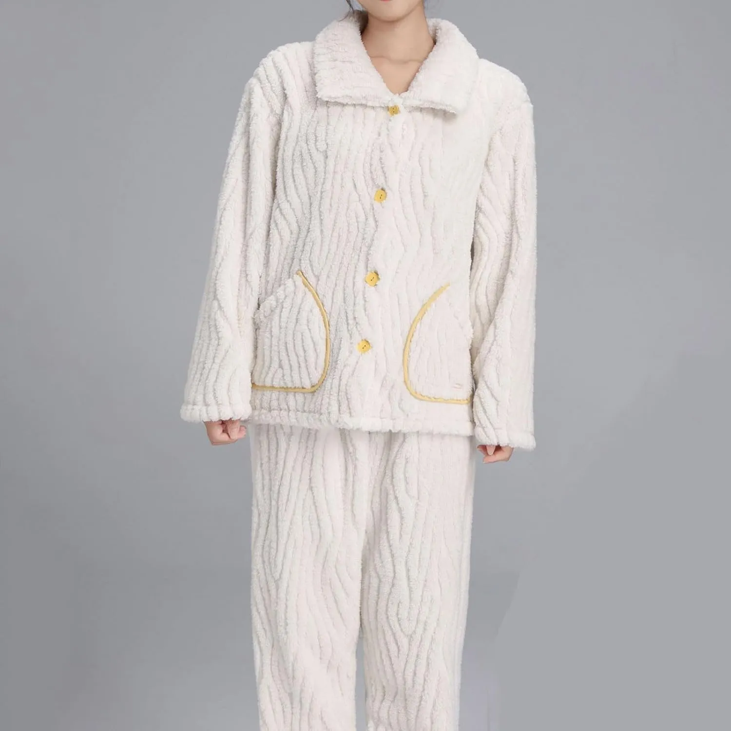 Mzkdieey Women Coral Fleece Pajamas Set Oversized Thicken Loungewear Long Sleeve Lapel Button Down Warm Winter Sleepwear