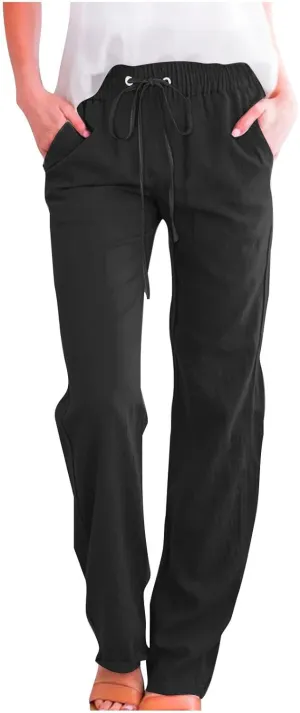 Mzkdieey Womens Casual Cotton Linen High Waist Pants Drawstring Loose Fit Summer Straight Leg Pants Trousers with Pockets