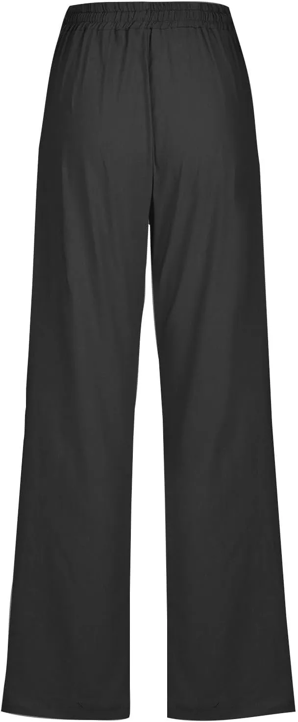 Mzkdieey Womens Casual Cotton Linen High Waist Pants Drawstring Loose Fit Summer Straight Leg Pants Trousers with Pockets