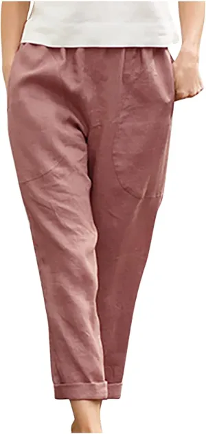 Mzkdieey Womens Casual Cotton Linen Tapered Capri Cargo Pants Summer Loose Elastic Waist Ankle Cropped Trouser with Pockets