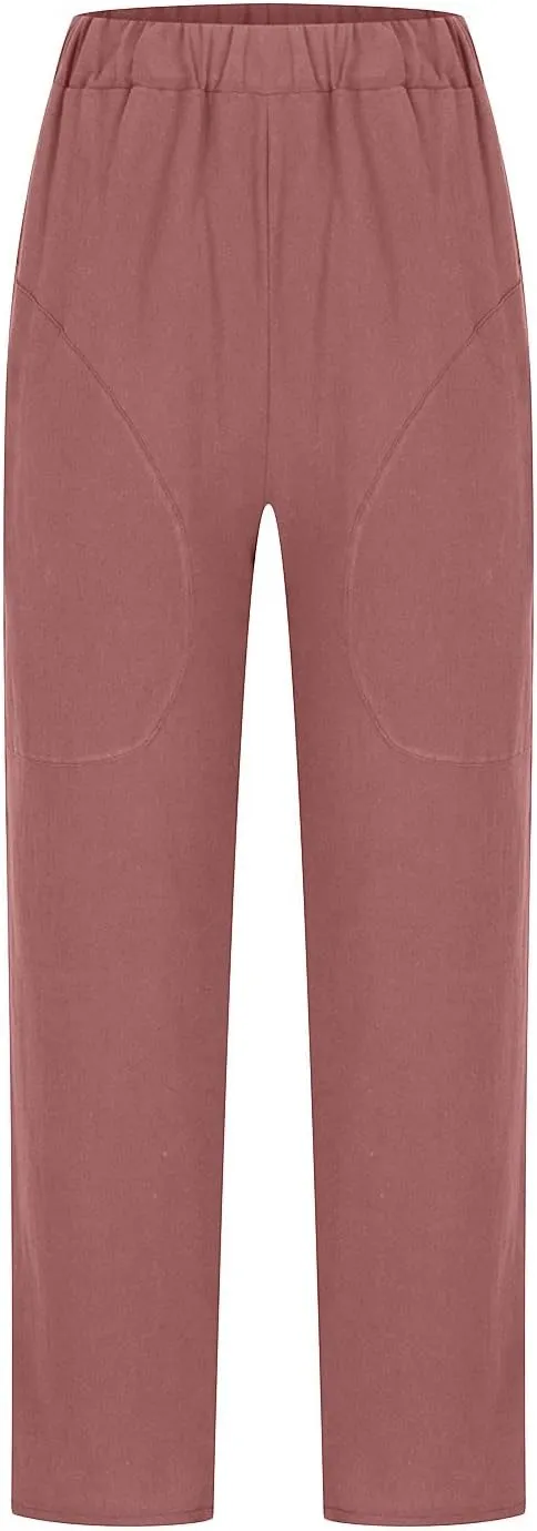 Mzkdieey Womens Casual Cotton Linen Tapered Capri Cargo Pants Summer Loose Elastic Waist Ankle Cropped Trouser with Pockets