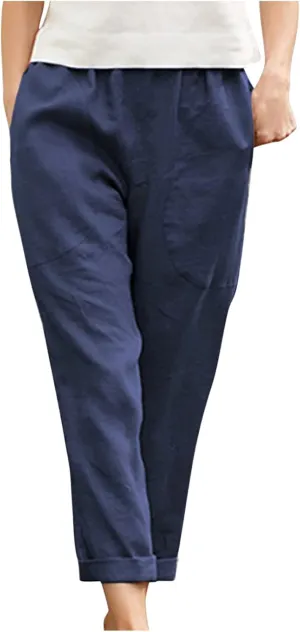 Mzkdieey Womens Casual Cotton Linen Tapered Capri Cargo Pants Summer Loose Elastic Waist Ankle Cropped Trouser with Pockets