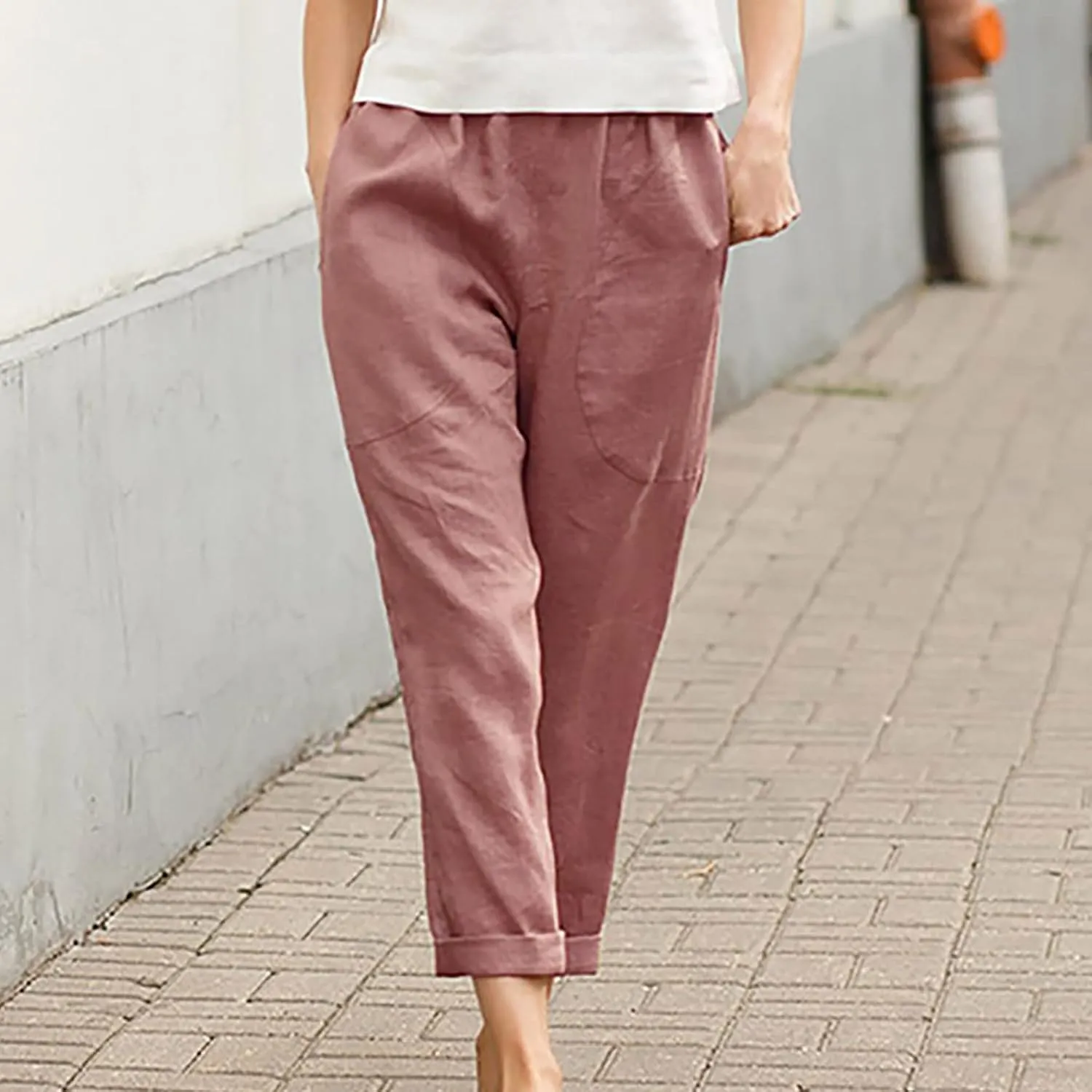 Mzkdieey Womens Casual Cotton Linen Tapered Capri Cargo Pants Summer Loose Elastic Waist Ankle Cropped Trouser with Pockets