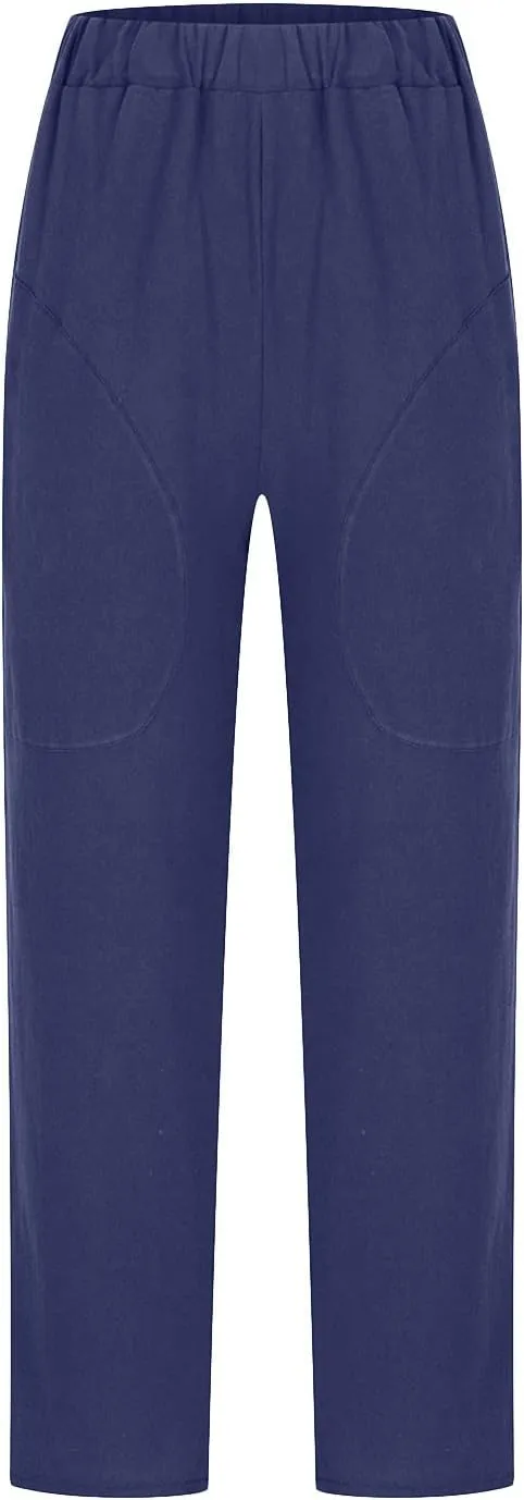 Mzkdieey Womens Casual Cotton Linen Tapered Capri Cargo Pants Summer Loose Elastic Waist Ankle Cropped Trouser with Pockets