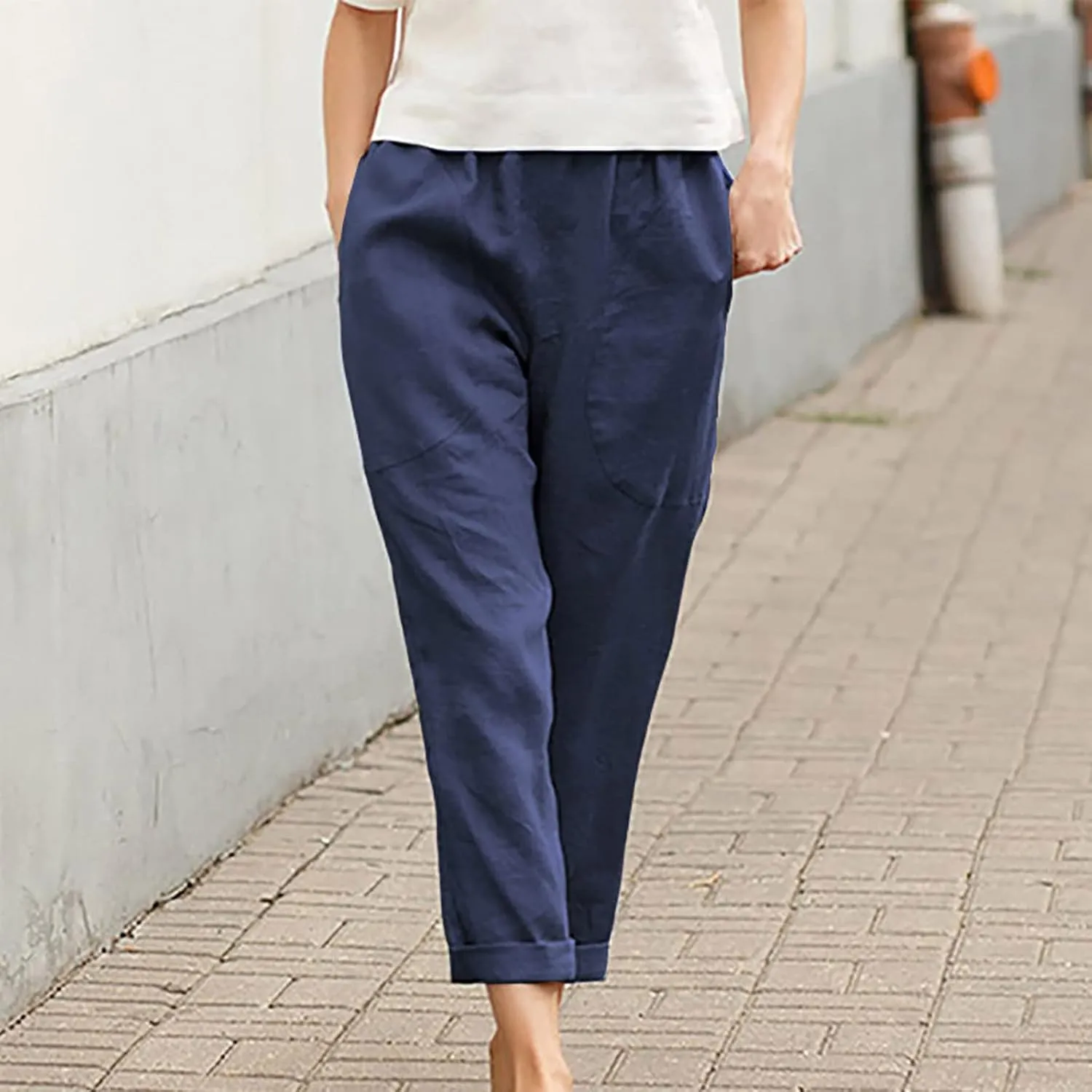 Mzkdieey Womens Casual Cotton Linen Tapered Capri Cargo Pants Summer Loose Elastic Waist Ankle Cropped Trouser with Pockets