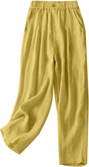 Mzkdieey Women's Cotton Linen Straight Leg Pants Elastic Waist Baggy Casual Trousers with Pockets Summer Beach Lounge Pants
