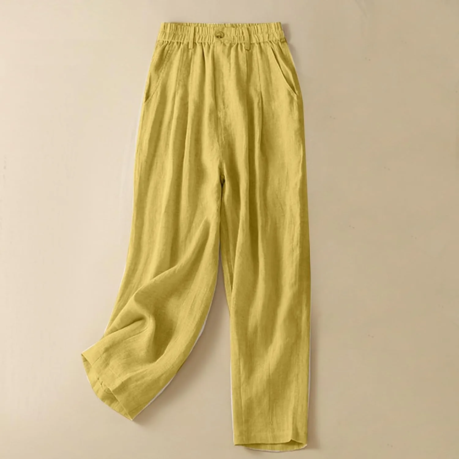 Mzkdieey Women's Cotton Linen Straight Leg Pants Elastic Waist Baggy Casual Trousers with Pockets Summer Beach Lounge Pants