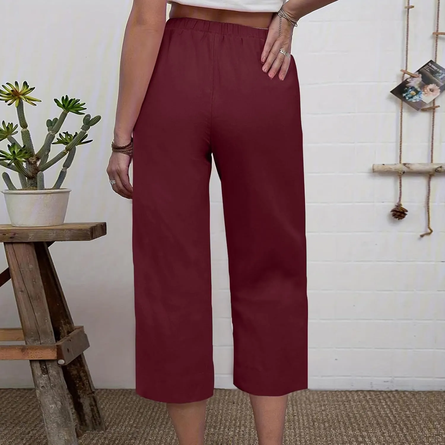 Mzkdieey Women's Cotton Linen Wide Leg Capris Pants Plain High Waist Baggy Cropped Pants Summer Beach Vacation Casual Trouser
