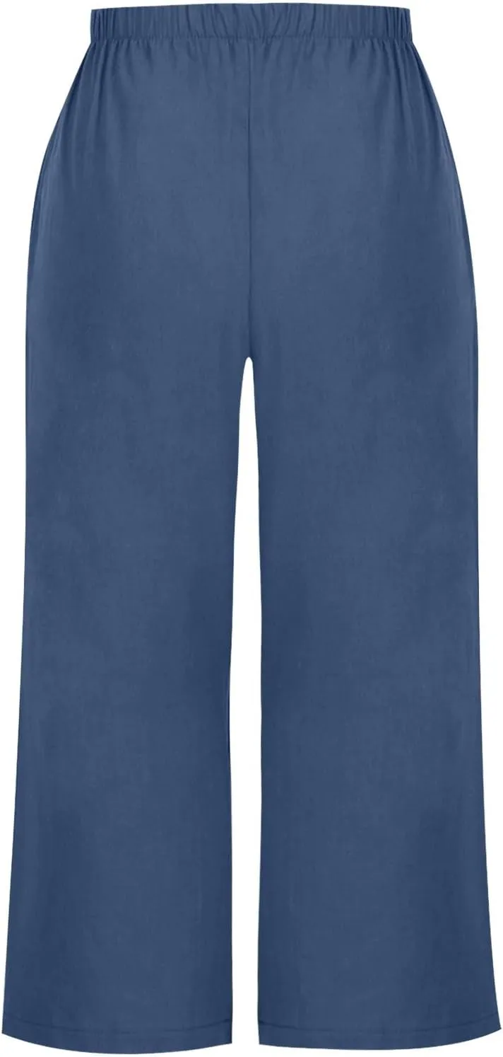 Mzkdieey Women's Cotton Linen Wide Leg Capris Pants Plain High Waist Baggy Cropped Pants Summer Beach Vacation Casual Trouser