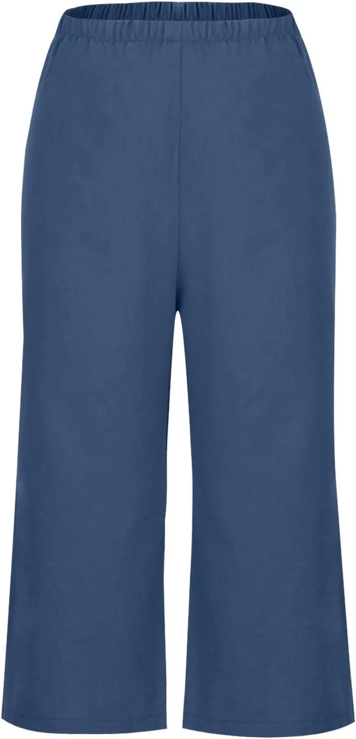 Mzkdieey Women's Cotton Linen Wide Leg Capris Pants Plain High Waist Baggy Cropped Pants Summer Beach Vacation Casual Trouser