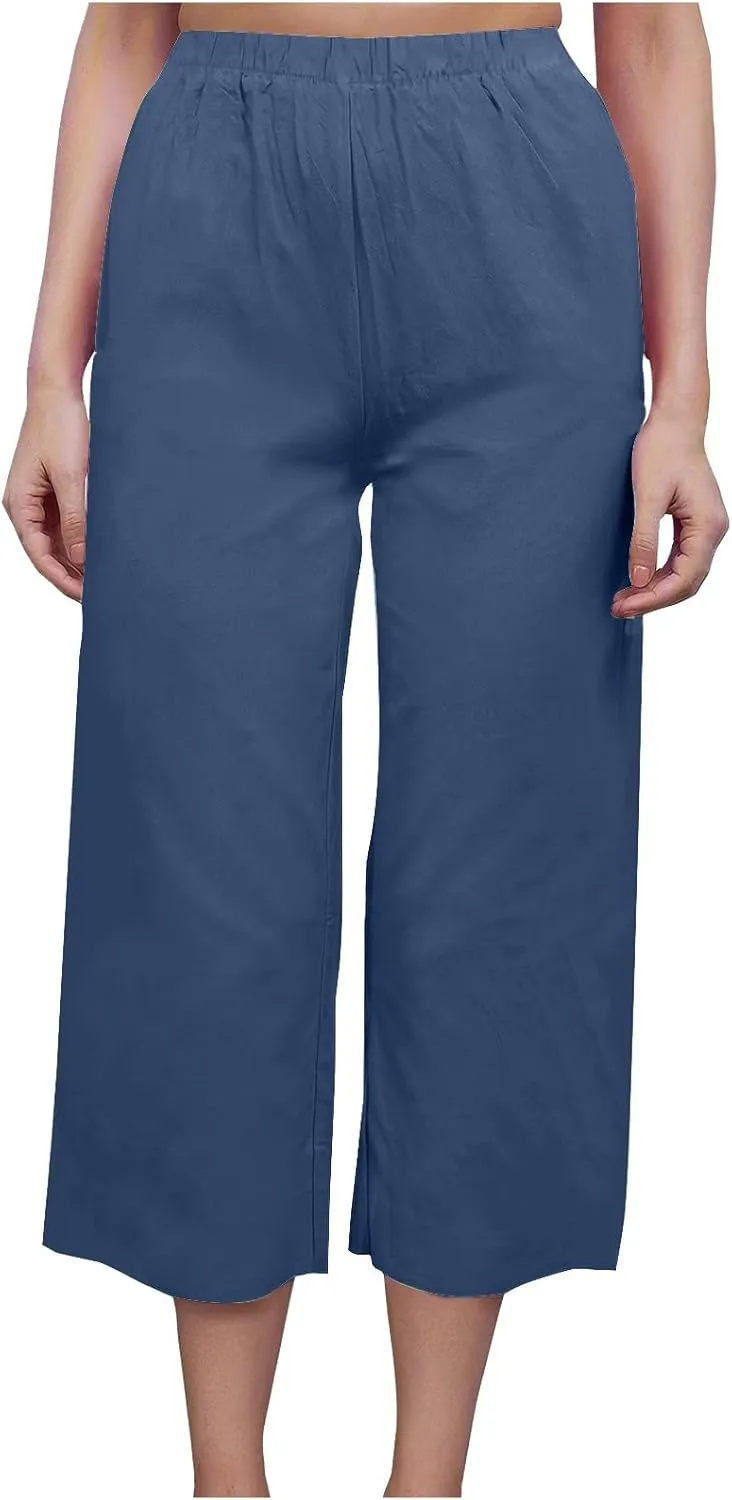 Mzkdieey Women's Cotton Linen Wide Leg Capris Pants Plain High Waist Baggy Cropped Pants Summer Beach Vacation Casual Trouser