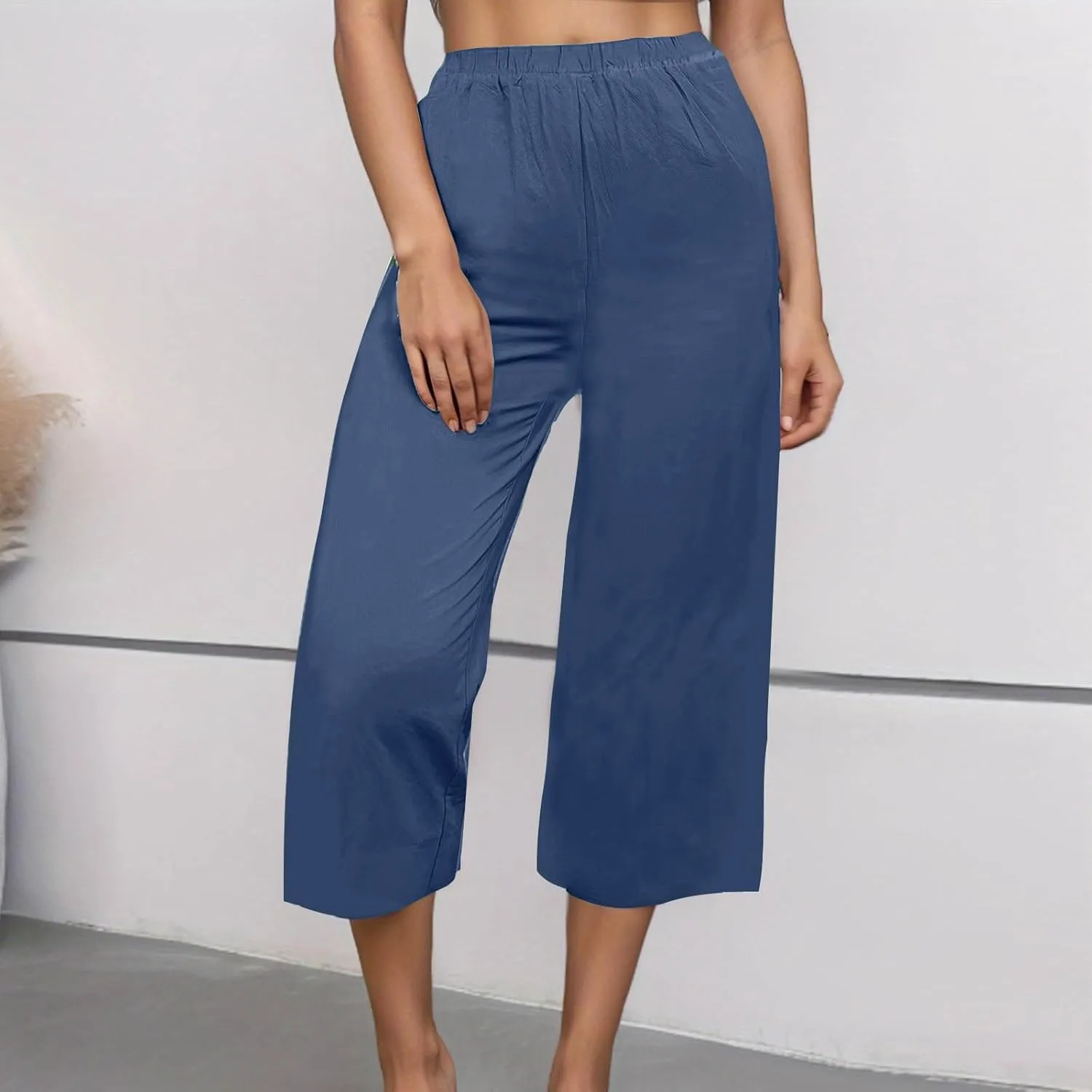 Mzkdieey Women's Cotton Linen Wide Leg Capris Pants Plain High Waist Baggy Cropped Pants Summer Beach Vacation Casual Trouser