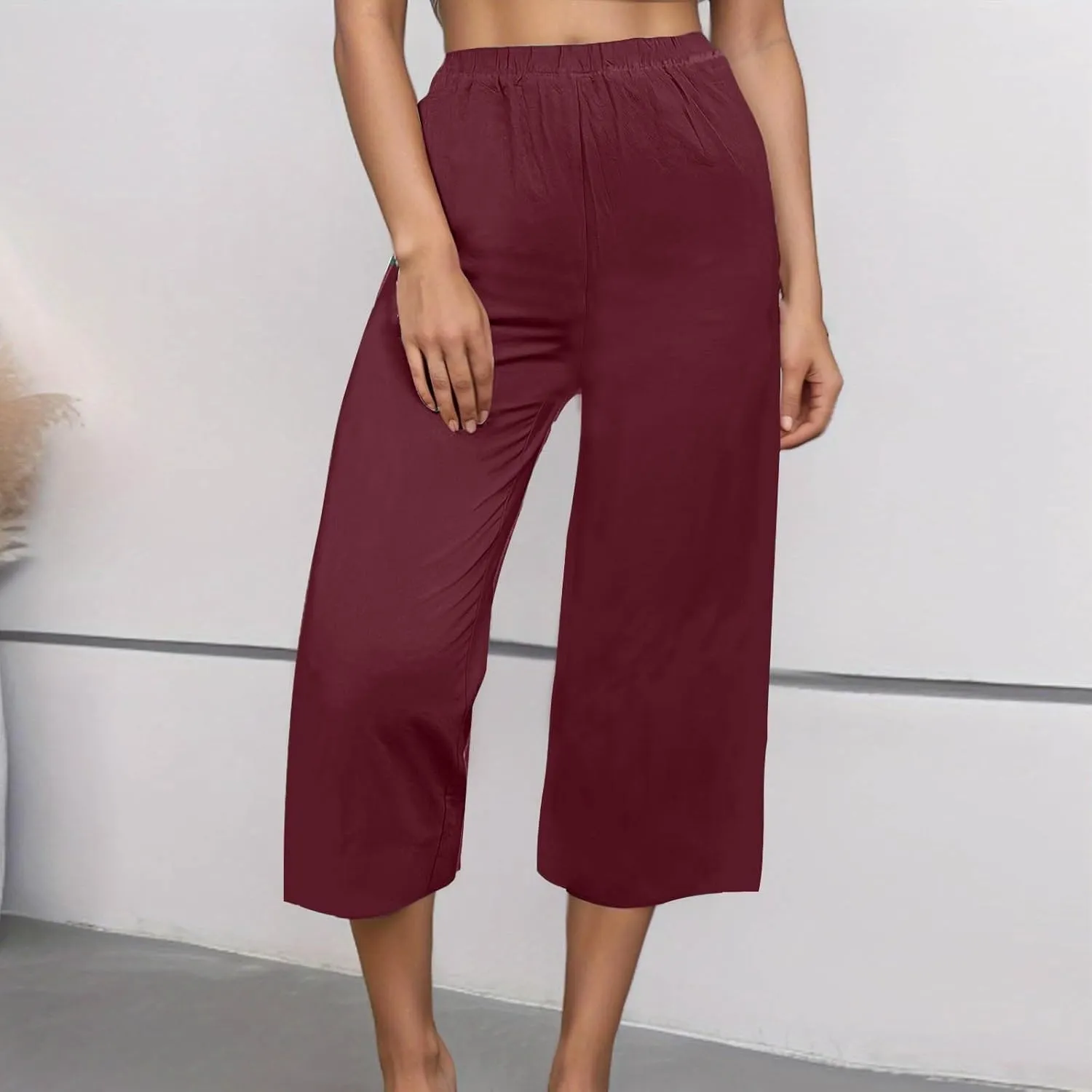 Mzkdieey Women's Cotton Linen Wide Leg Capris Pants Plain High Waist Baggy Cropped Pants Summer Beach Vacation Casual Trouser