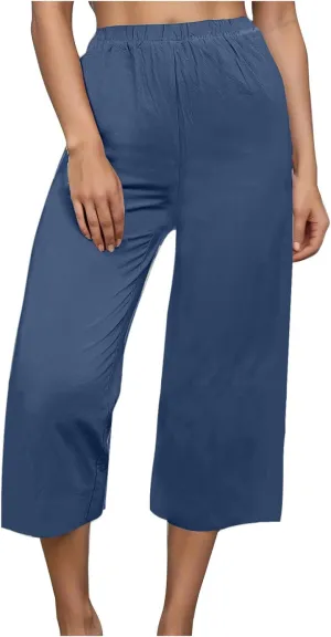 Mzkdieey Women's Cotton Linen Wide Leg Capris Pants Plain High Waist Baggy Cropped Pants Summer Beach Vacation Casual Trouser