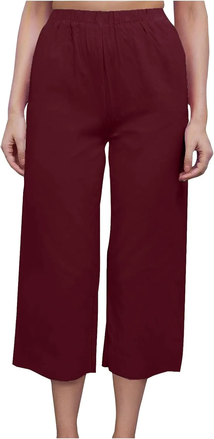 Mzkdieey Women's Cotton Linen Wide Leg Capris Pants Plain High Waist Baggy Cropped Pants Summer Beach Vacation Casual Trouser