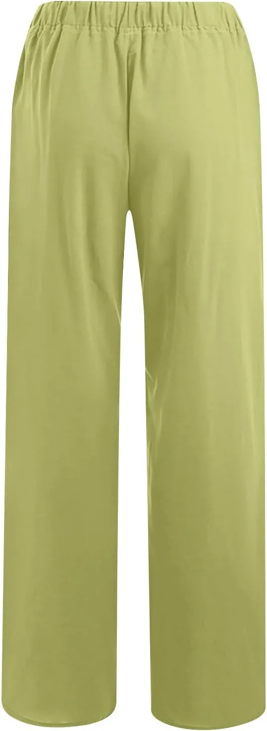 Mzkdieey Women's Summer Drawstring Waist Wide Leg Loose Cotton Linen Palazzo Pants Casual Lounge Yoga Trousers with Pockets