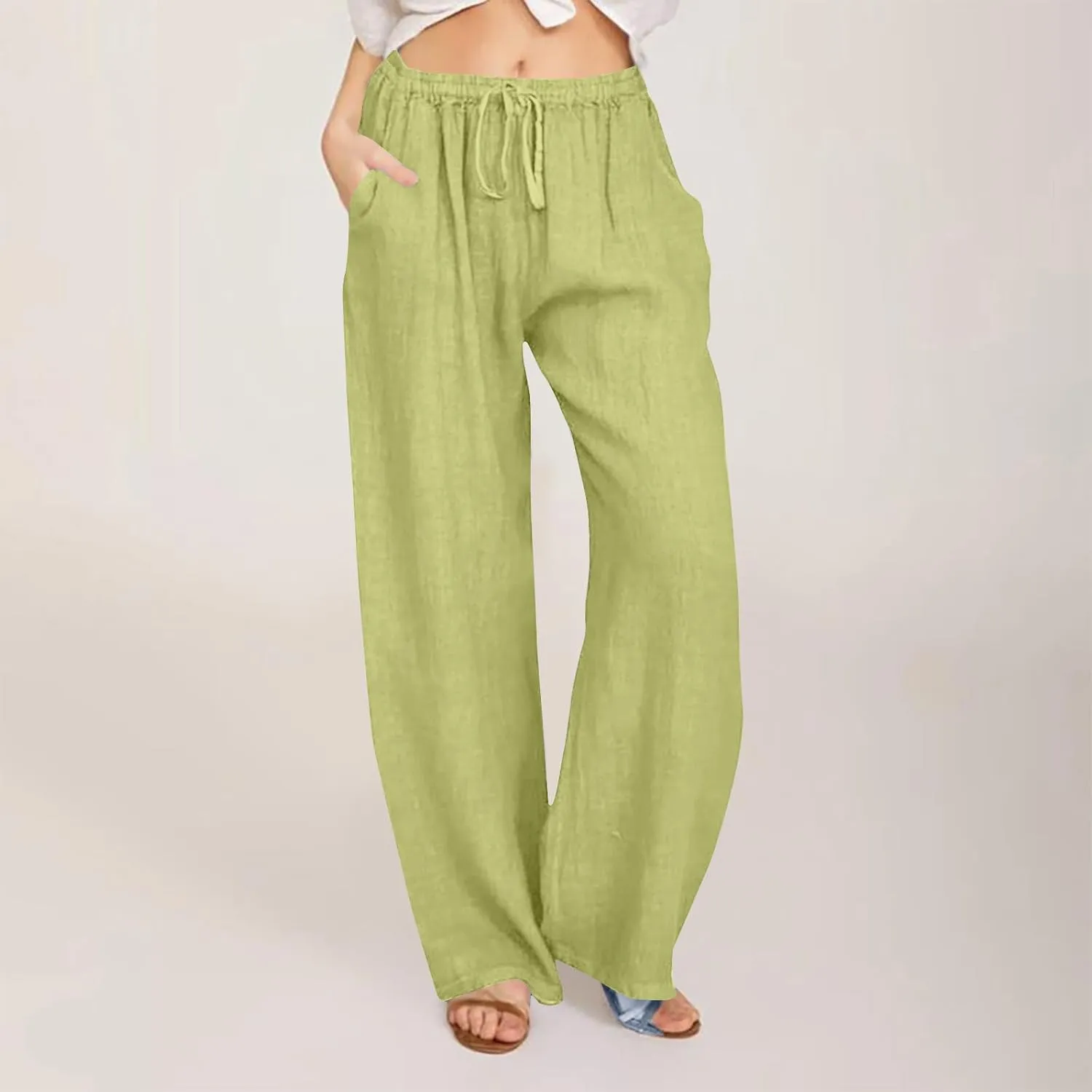 Mzkdieey Women's Summer Drawstring Waist Wide Leg Loose Cotton Linen Palazzo Pants Casual Lounge Yoga Trousers with Pockets