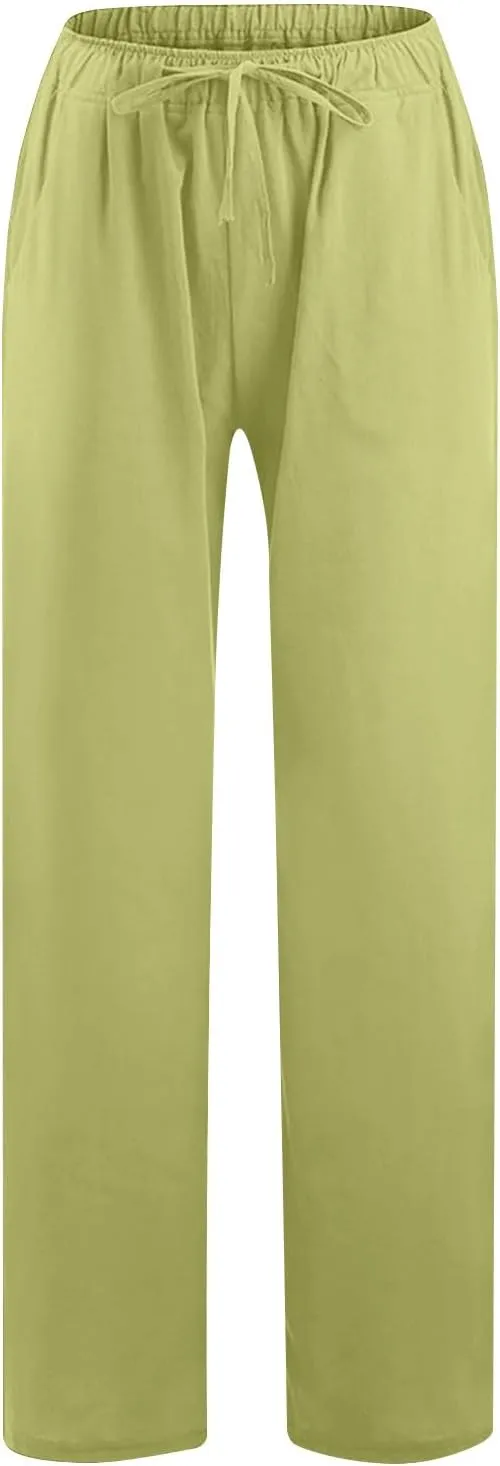 Mzkdieey Women's Summer Drawstring Waist Wide Leg Loose Cotton Linen Palazzo Pants Casual Lounge Yoga Trousers with Pockets