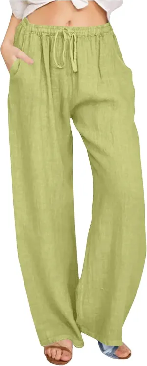Mzkdieey Women's Summer Drawstring Waist Wide Leg Loose Cotton Linen Palazzo Pants Casual Lounge Yoga Trousers with Pockets