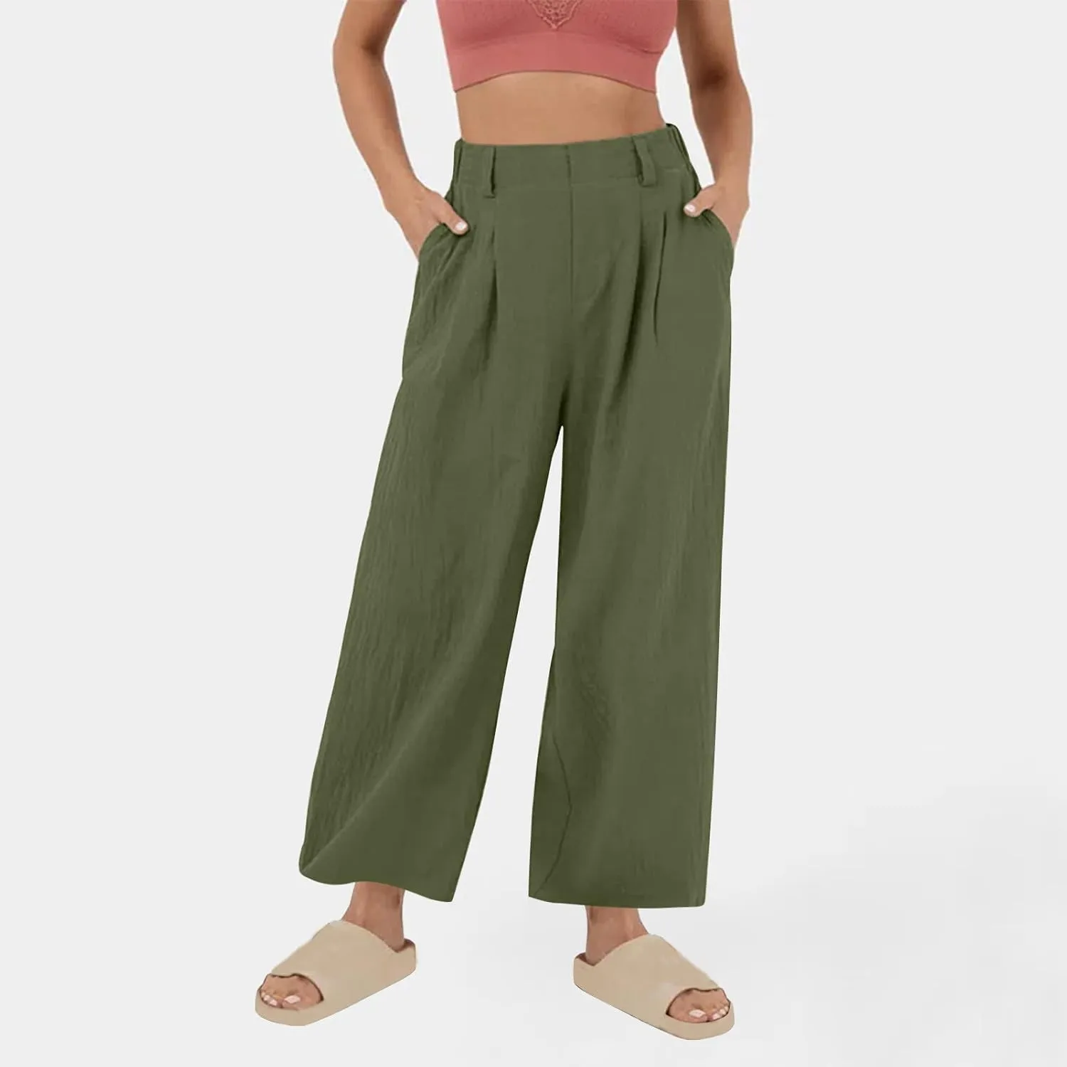 Mzkdieey Women's Summer High Waisted Wide Leg Loose Cotton Linen Palazzo Pants Dressy Casual Solid Trousers with Pockets