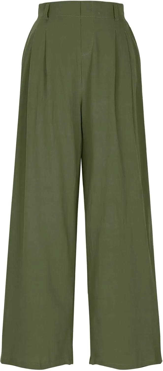 Mzkdieey Women's Summer High Waisted Wide Leg Loose Cotton Linen Palazzo Pants Dressy Casual Solid Trousers with Pockets