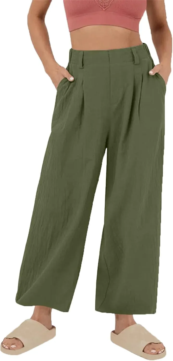 Mzkdieey Women's Summer High Waisted Wide Leg Loose Cotton Linen Palazzo Pants Dressy Casual Solid Trousers with Pockets