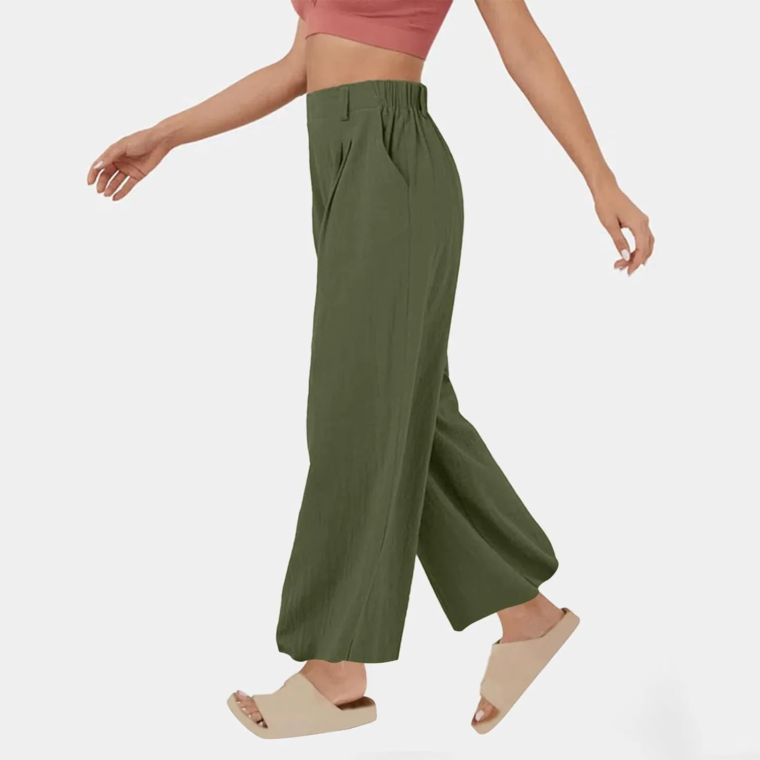 Mzkdieey Women's Summer High Waisted Wide Leg Loose Cotton Linen Palazzo Pants Dressy Casual Solid Trousers with Pockets