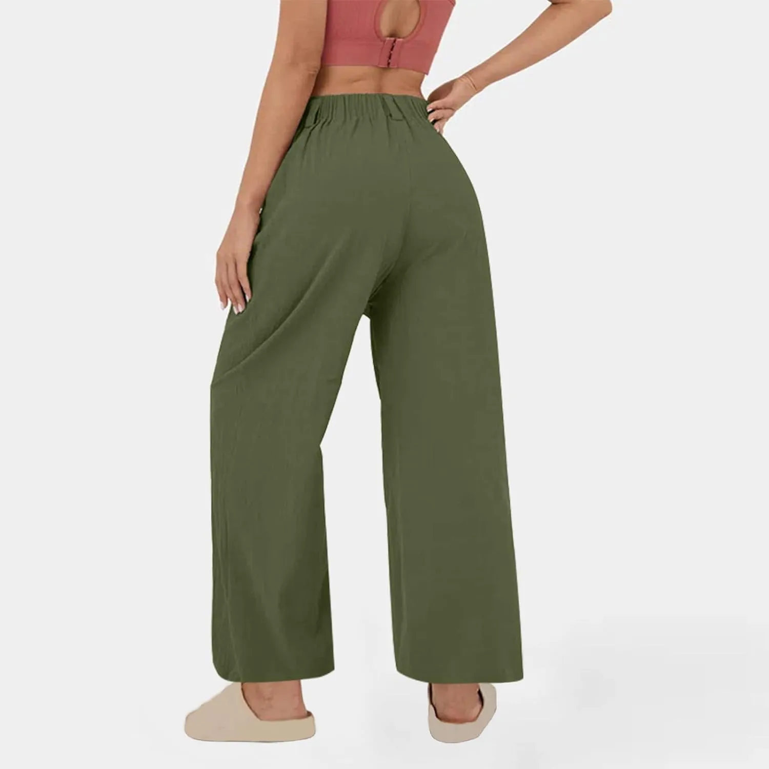 Mzkdieey Women's Summer High Waisted Wide Leg Loose Cotton Linen Palazzo Pants Dressy Casual Solid Trousers with Pockets