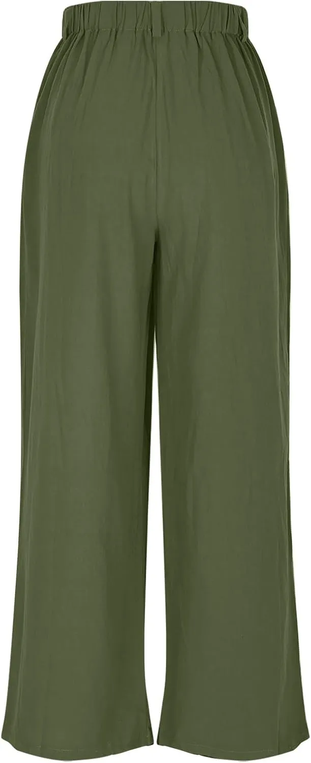 Mzkdieey Women's Summer High Waisted Wide Leg Loose Cotton Linen Palazzo Pants Dressy Casual Solid Trousers with Pockets