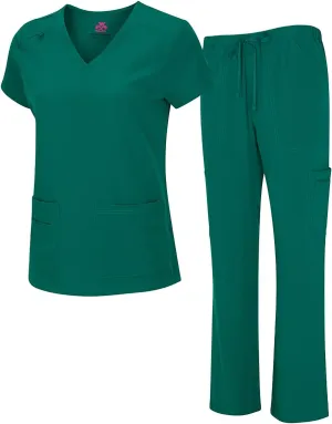 Natural Uniforms Women's Cool Stretch V-Neck Top and Cargo Pant Scrub Set with Regular and Petite Sizes