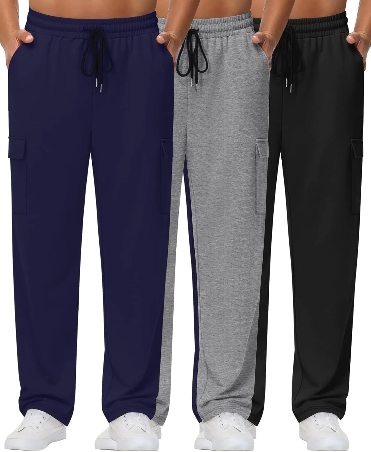 Neer 3 Pack Men's Cargo Sweatpants Baggy Open Bottom Straight Leg Drawstring Joggers Casual Lounge Pants with Pockets