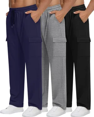 Neer 3 Pack Men's Cargo Sweatpants Baggy Open Bottom Straight Leg Drawstring Joggers Casual Lounge Pants with Pockets