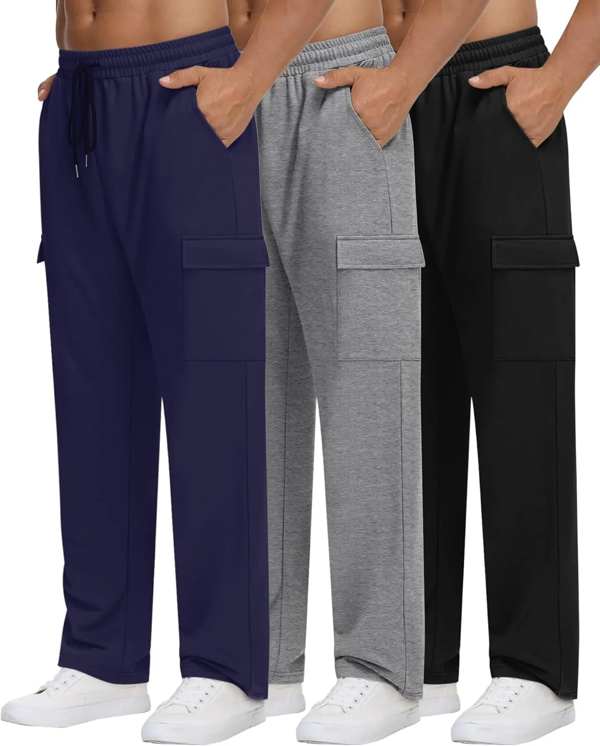Neer 3 Pack Men's Cargo Sweatpants Baggy Open Bottom Straight Leg Drawstring Joggers Casual Lounge Pants with Pockets
