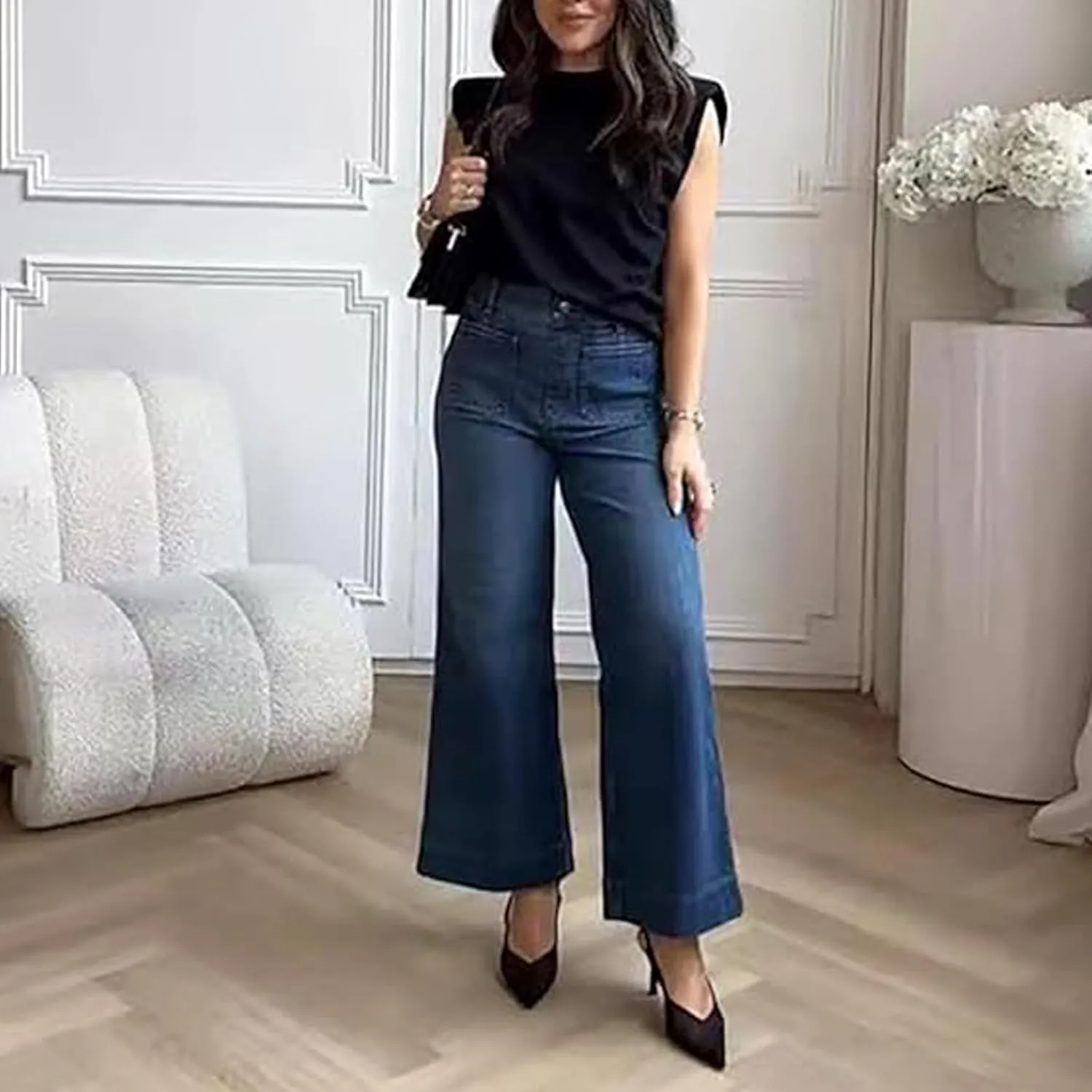 Obormi Jeans for WomenTummy Control Cropped Wide-Leg JeansHigh Waist Cropped Pants for Women