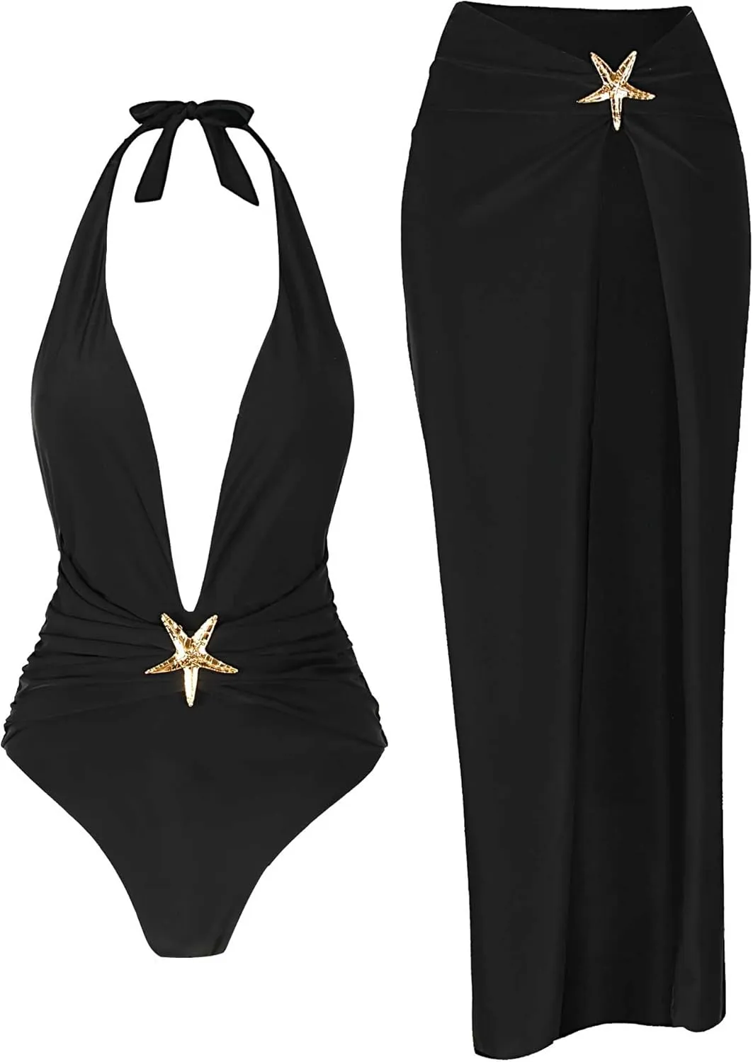 One Piece Swimsuit with Cover up Skirt Starfish Swimwear Sets for Women Halter Bathing Suits Vacation Beach Dresses