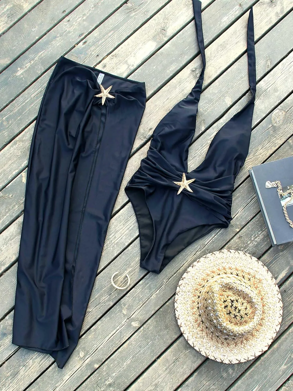 One Piece Swimsuit with Cover up Skirt Starfish Swimwear Sets for Women Halter Bathing Suits Vacation Beach Dresses