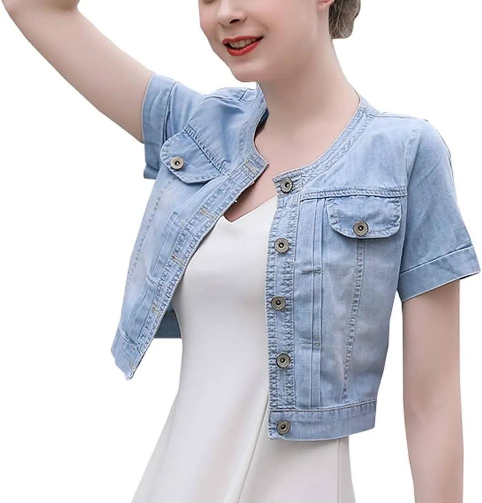 Only Faith Summer Womens Crew-neck Denim Jacket Short Sleeve Jean Coat Tops
