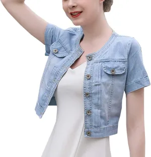 Only Faith Summer Womens Crew-neck Denim Jacket Short Sleeve Jean Coat Tops
