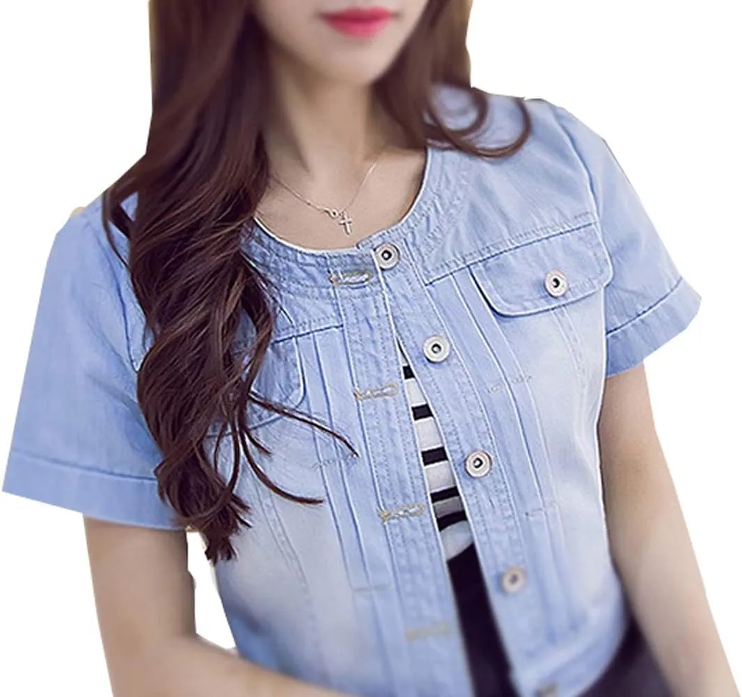 Only Faith Summer Womens Crew-neck Denim Jacket Short Sleeve Jean Coat Tops