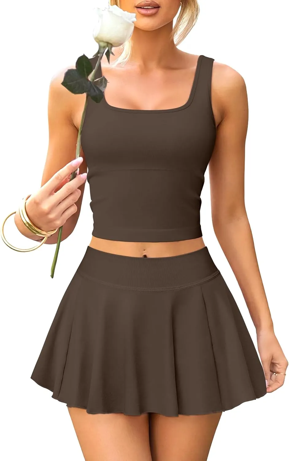 OQQ Women's 2 Piece Mini Skirt Sets Casual Summer Knit Cropped Tank Top with Sport Bra High Waisted Mini Skirts Outfit