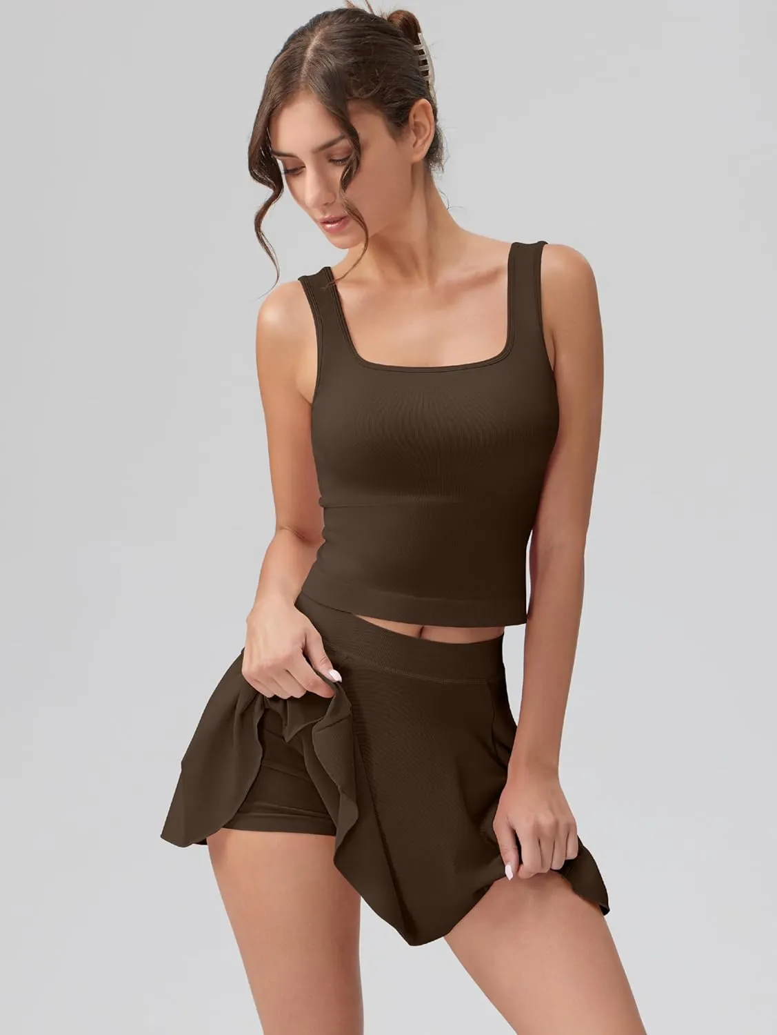 OQQ Women's 2 Piece Mini Skirt Sets Casual Summer Knit Cropped Tank Top with Sport Bra High Waisted Mini Skirts Outfit