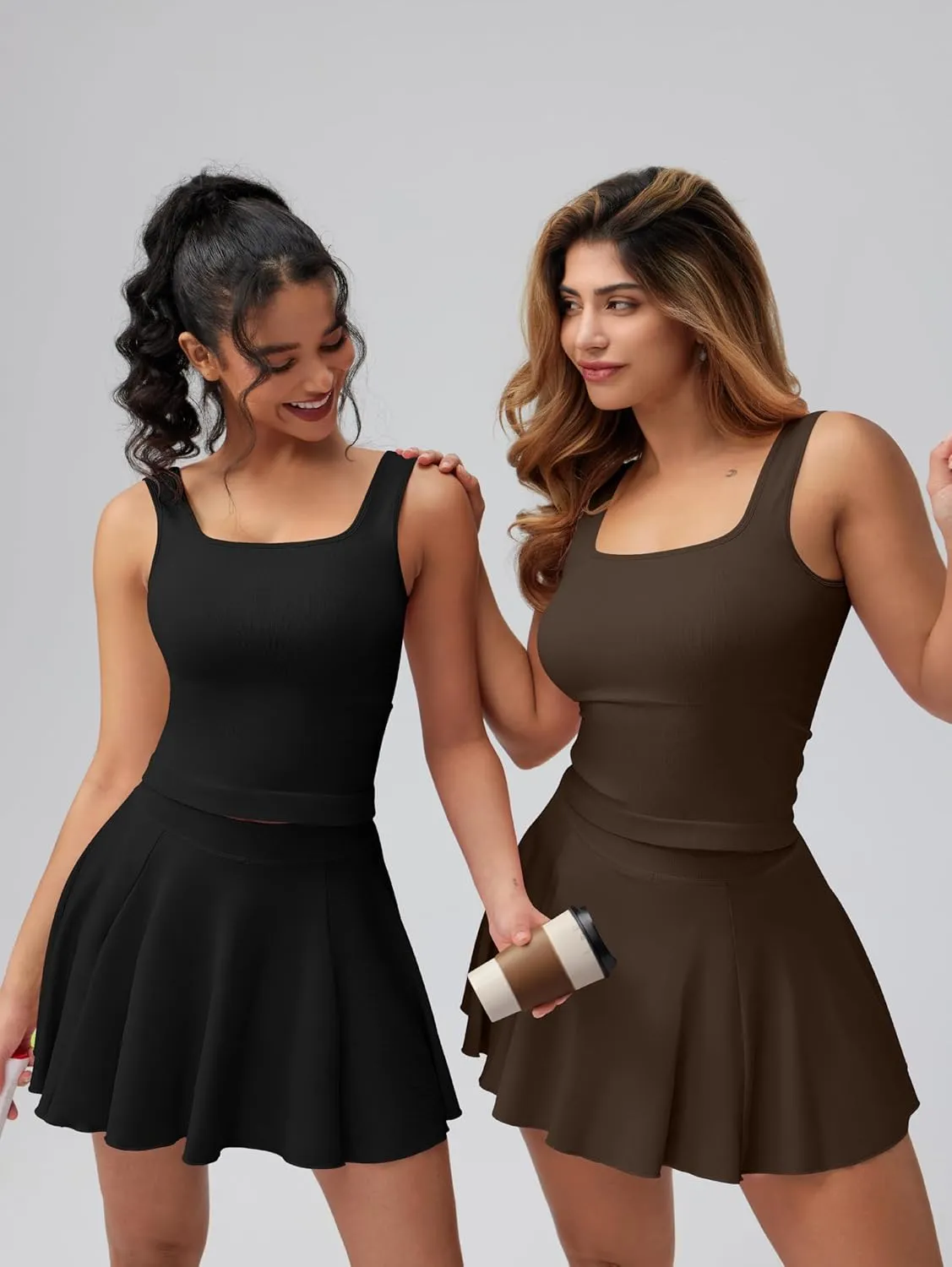 OQQ Women's 2 Piece Mini Skirt Sets Casual Summer Knit Cropped Tank Top with Sport Bra High Waisted Mini Skirts Outfit