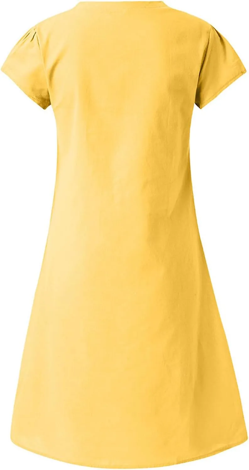 Oversize Women's Cotton Linen Midi Dresses Summer Solid Color Short Sleeve V-Neck Shirt Dresses Plus Size Beach Dress